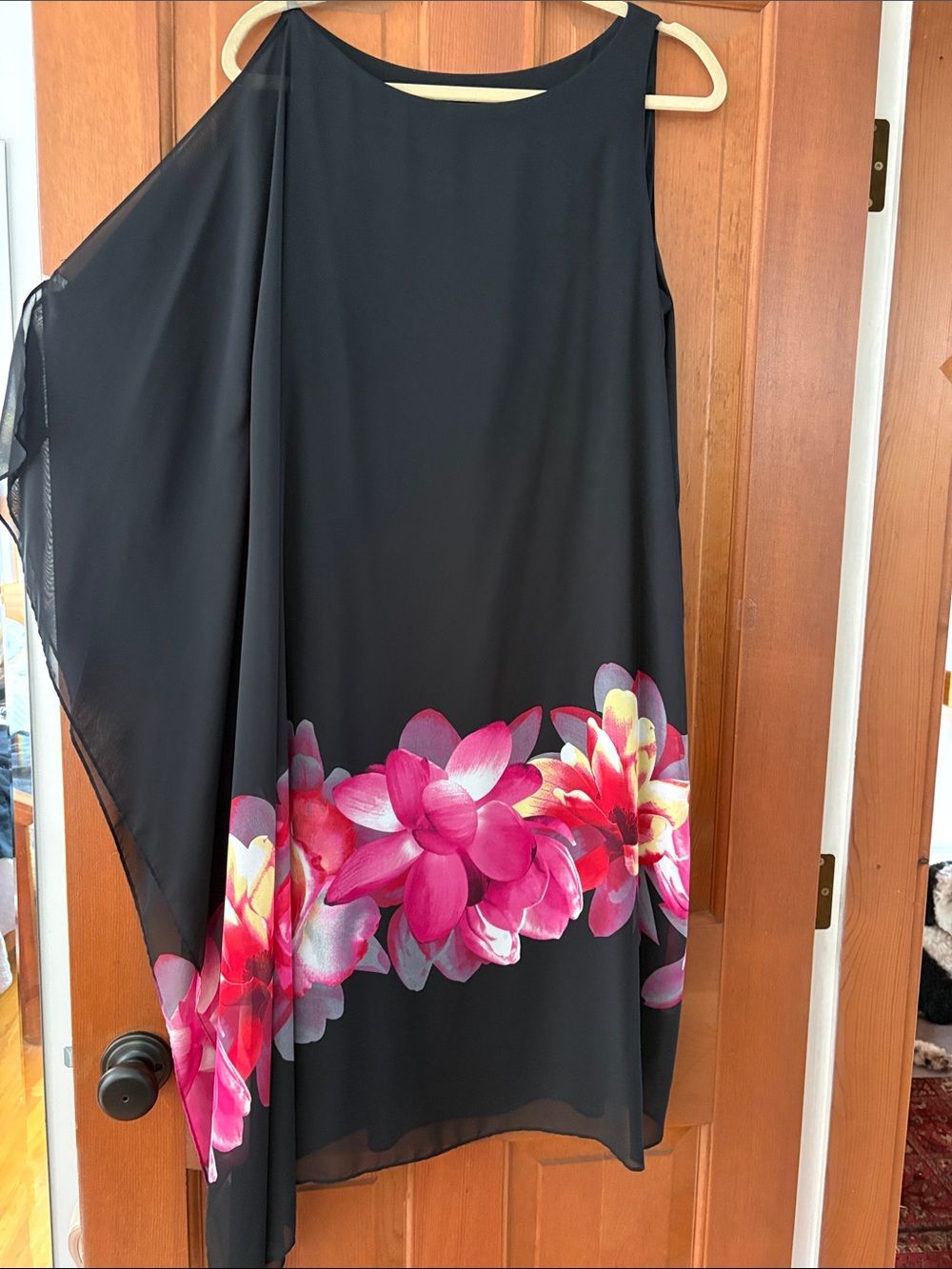Joseph Ribkoff Black One-Shoulder Dress with Pink Floral Border